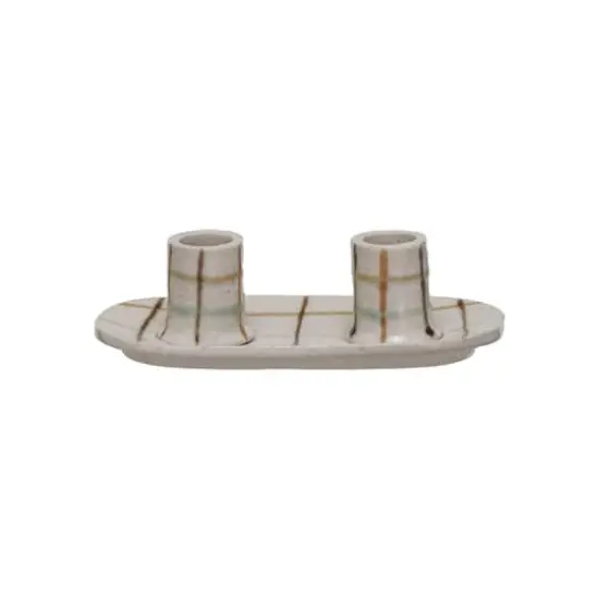 Hello Honey&reg; 5.75" Multicolor Plaid Charm Stoneware Taper Candle Holder {3}