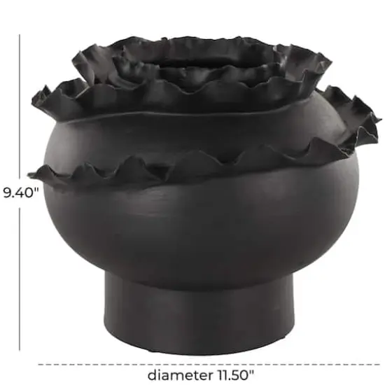 11.5" Black Wide Abstract Floral Ceramic Vase with Layered Petals {5}