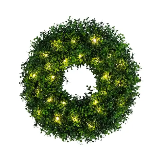 18in. Pre-Lit Artificial Boxwood Wreath with 25 Warm White LED Lights {1}