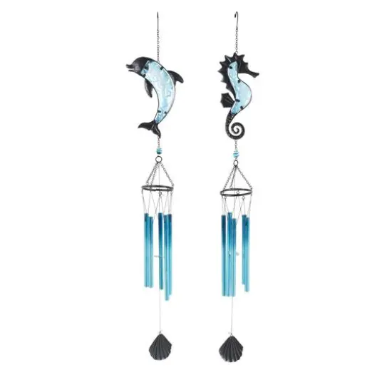 Blue Sea Life Metal Dolphin & Seahorse Windchime with Dangling Seashells Set {8}