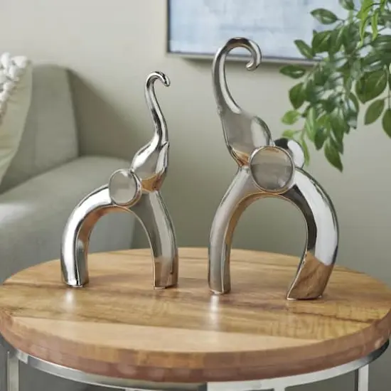 Abstract Arched Elephant Ceramic Sculpture Set Silver {3}