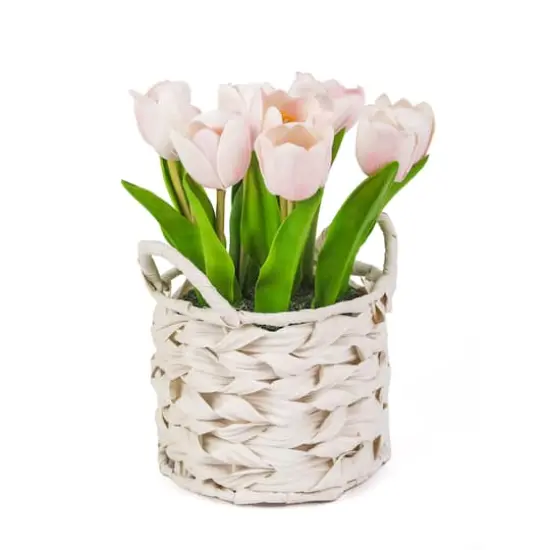 10" Tulip Bouquet in White Basket Light Pink {1}