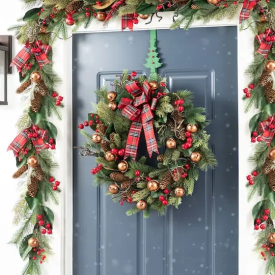 Glitzhome&reg; 24"D Christmas Bell, Pinecone & Berry Bow Wreath {5}