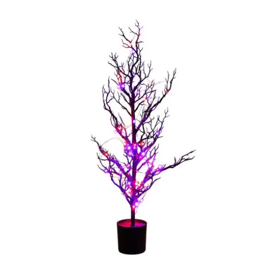 3ft. Pre-Lit Artificial Halloween Black Spooky Twig Tree with 100 Orange & Purple Copper Wire String LED Lights {1}