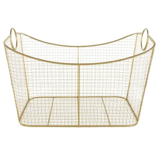 30.25" Gold Metal Geometric Wire Grid Basket with Curved Sides & Ring Handles {4}
