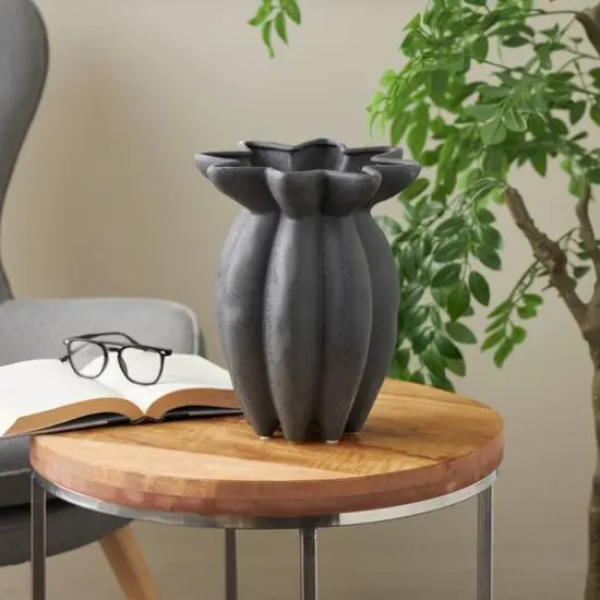 12" Black Ceramic Speckle Textured Vase with Tulip Style Opening {9}