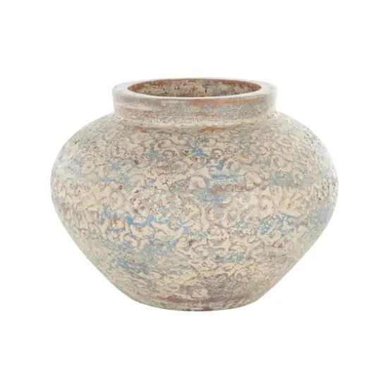 Beige, Blue & Copper Antique Ceramic Scroll Handmade Decorative Vase {1}