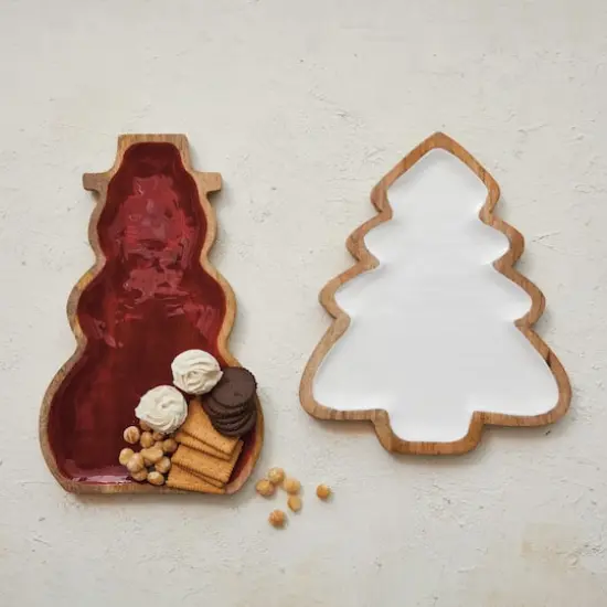 Hello Honey&reg; 14.5" White & Natural Enameled Mango Wood Christmas Tree Shaped Tray {3}