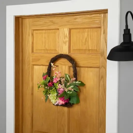 16" Leafy Pink Hydrangea Floral Spring Hanging Basket {3}