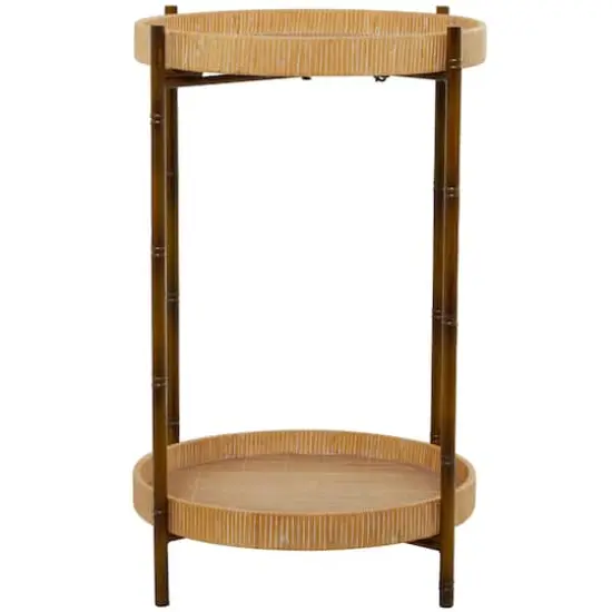 Brown Rattan 2 Tray Shelves Accent Table with Metal Bamboo Inspired Legs 18" x 18" x 26" {5}