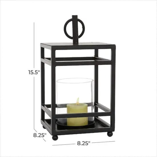 Black Iron Contemporary Candle Holder Lantern, 16" x 8" x 8" {7}
