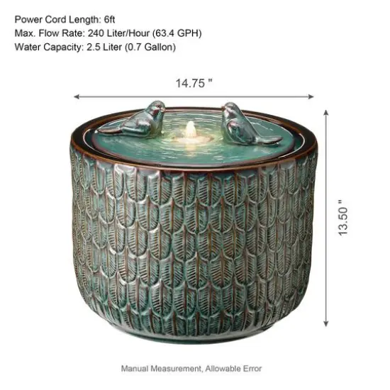 Glitzhome&reg; 15" LED Bird Cylindrical Ceramic Fountain Turquoise {9}