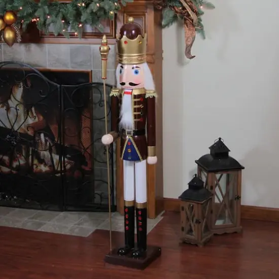 48'' Brown and White Wooden Christmas Nutcracker King with Scepter Decoration {5}