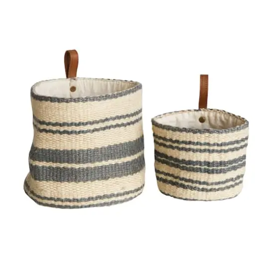 Hello Honey&reg; Cream & Blue Striped Jute Wall Baskets with Leather Loops Set {1}