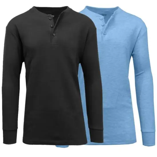 Men's Long Sleeve Waffle-Knit Thermal Henley Shirt 2 Pack Black/Heather Medium Blue {1}