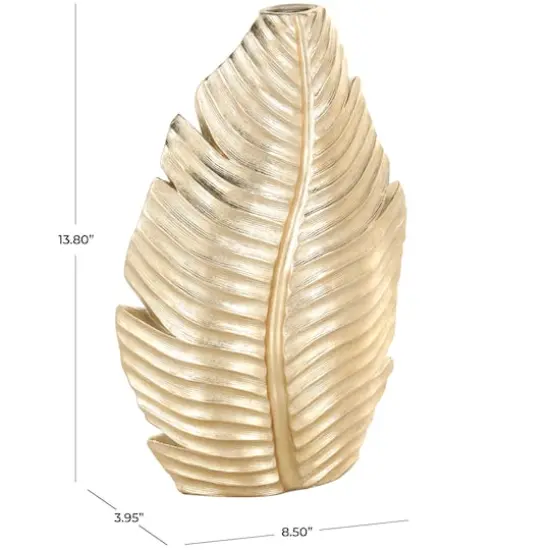 14" Gold Metallic Curved Leaf Polystone Vase {5}