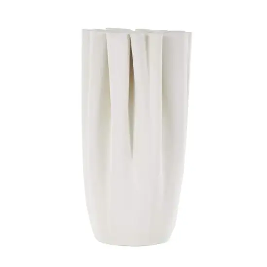 White Ceramic Abstract Ribbed Dimensional Folded Vase with Compact Wavy Rim {4}