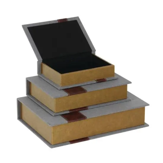 Gray Linen Faux Book Box with Faux Leather Detailing Set {3}