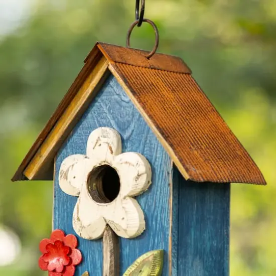 Glitzhome&reg; 10.25" Retro Blue Distressed Flower Birdhouse {5}