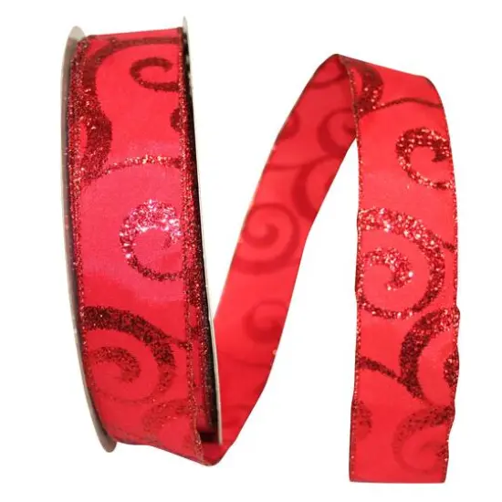 JAM Paper 1.5" x 50yd. Red Scroll Wired Glitter Ribbon {1}