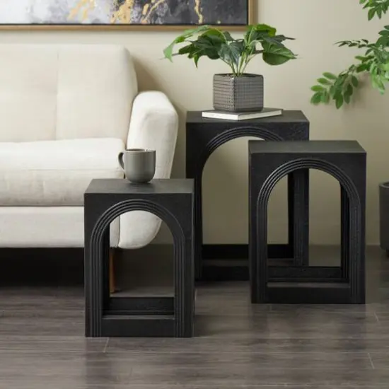 Metal Nested Accent Table with Small Arched Cutouts Set Black {9}