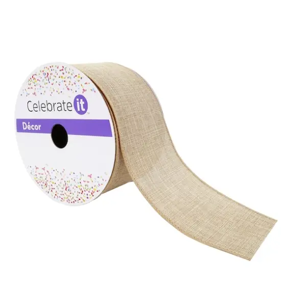 2.5" x 25ft. Faux Linen Wired Ribbon by Celebrate It&reg; Natural {1}