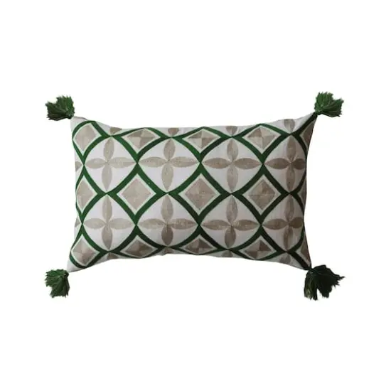 Hello Honey&reg; 22" Natural & Green Cotton Embroidered Lumbar Pillow {1}