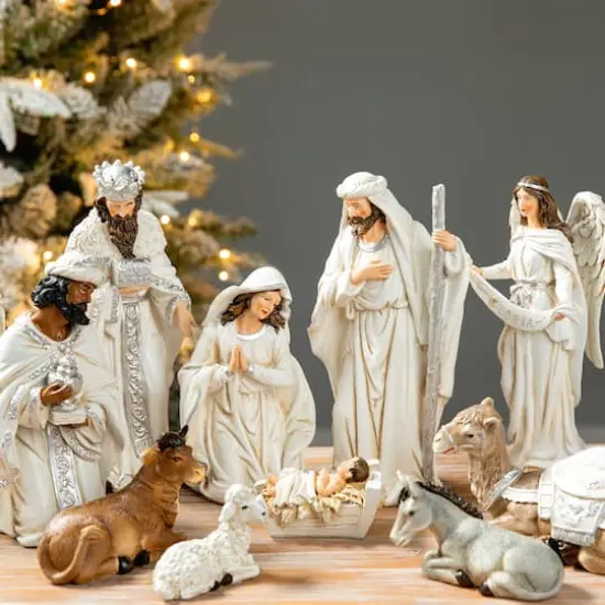 Glitzhome&reg; Ivory Resin Nativity Figurine Set {5}