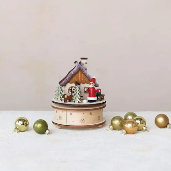Hello Honey&reg; 6.5" Wind-Up Santa's Cottage Round Wood Music Box {4}