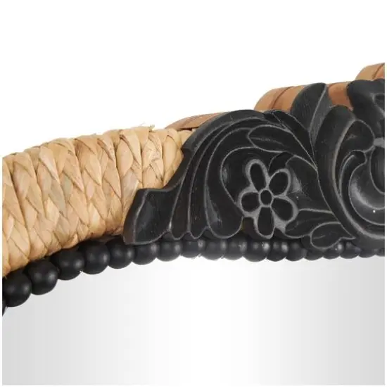 35" Brown & Black Woven Floral Rattan Wall Mirror with Beaded Detailing {7}