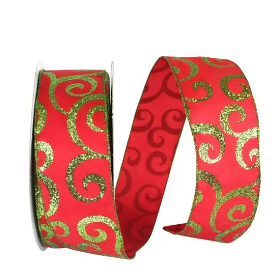 JAM Paper 2.5" x 50yd. Red & Green Scroll Wired Glitter Ribbon {1}