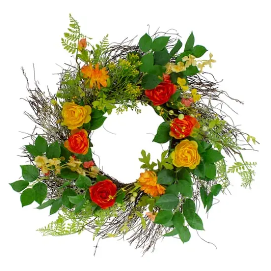 20" Orange & Yellow Ranunculus & Rose Floral Spring Wreath {1}