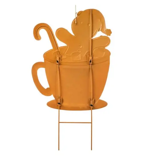 Glitzhome&reg; 30.25" Metal Gingerbread Man in Coffee Mug Yard Stake {7}
