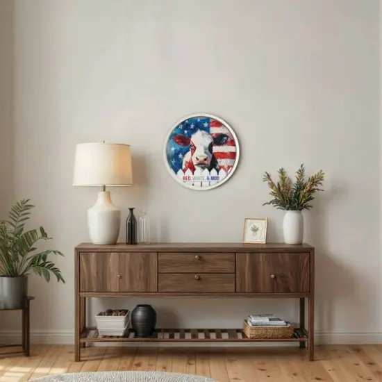 20" x 20" Red, White & Moo Round Framed Print {6}