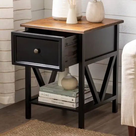 Walker Edison 19" 1-Drawer Wood Side Table Reclaimed Barnwood / Black {6}