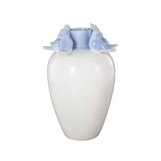 13" White Ceramic Bird Decorative Vase with Blue Accents {7}