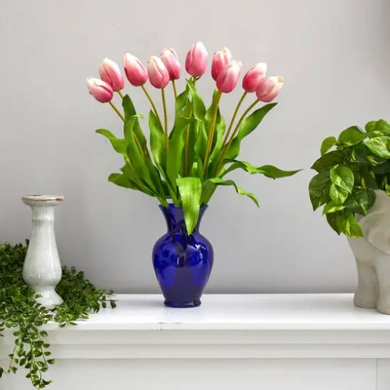 22" Mauve Dutch Tulip Arrangement in Blue Vase {4}