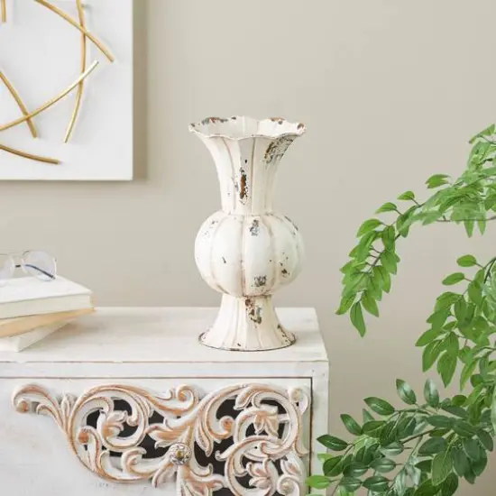 13.25" Distressed Cream Metal Tulip Vase {9}