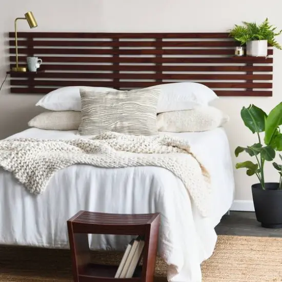 Hello Honey&reg; 18" Modern Slatted Solid Wood Stool With Storage Shelf Walnut Finish {5}