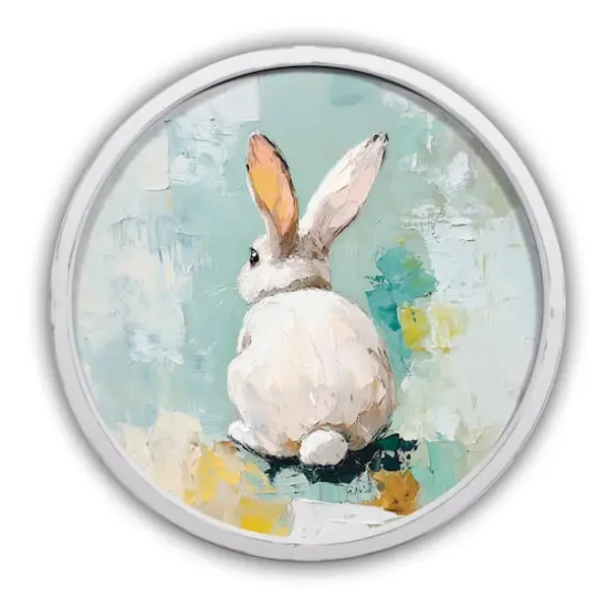 20" Palette Knife Painted Bunny Wall Art in Round Frame White {1}