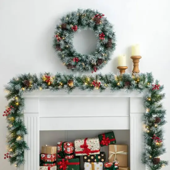 Glitzhome® 9ft. Pre-Lit Greenery Pinecones & Red Berries Christmas Garland {3}