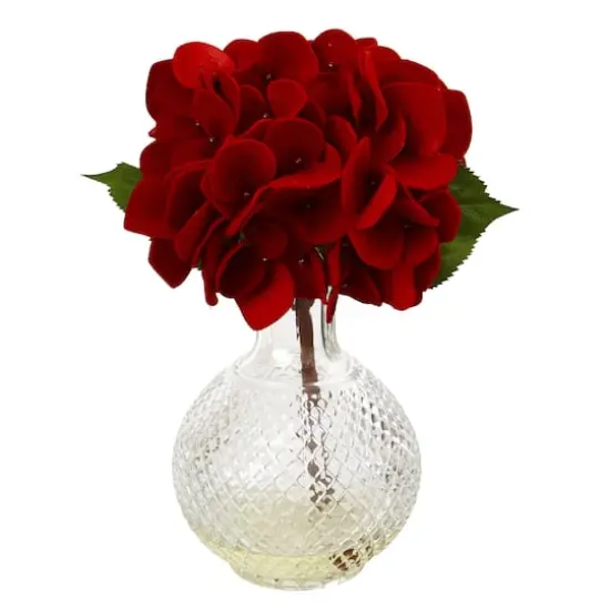 12" Red Hydrangea Arrangement with Glass Vase, 3ct. {3}