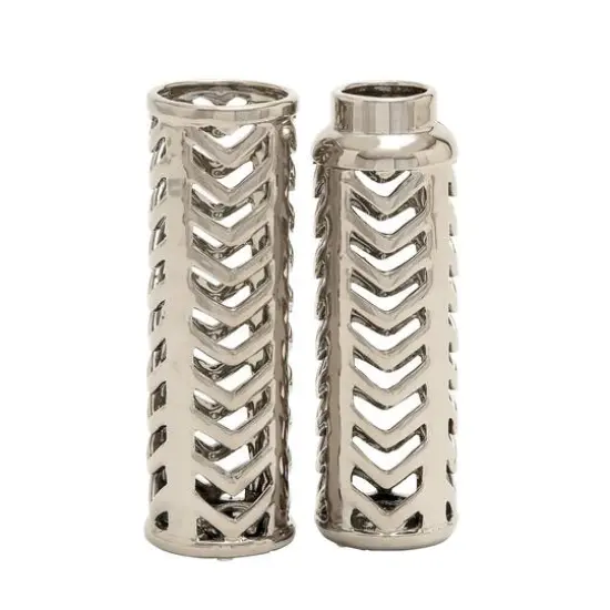 Set of 2 Silver Stoneware Glam Vase, 4" x 11" {1}