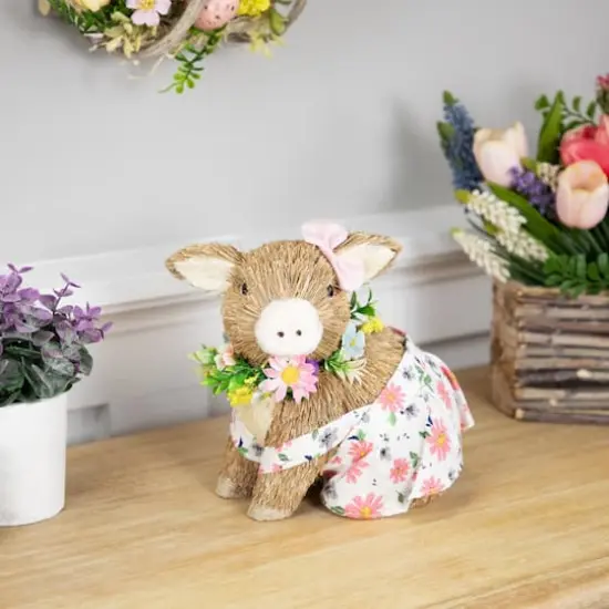 7" Girl Piglet with Floral Dress Spring Figurine {3}