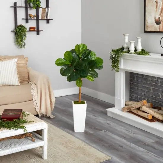 4ft. Fiddle Leaf Artificial Tree in White Tower Planter {6}