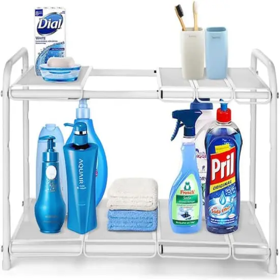 NEX&trade; White 2 Tier Expandable Cabinet Shelf Organizer Rack {5}