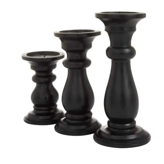 Set of 3 Black Mango Wood Traditional Candle Holders, 10" x 4" x 4" {3}