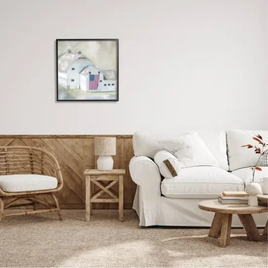 Stupell Industries American Flag White Farmhouse Barn Rural Countryside Framed Giclee Art Black {3}