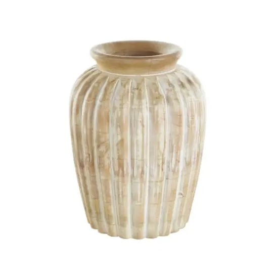 11" Light Brown Mango Wood Distressed Vase with Carved Ridges {3}