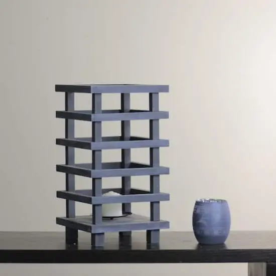 13" Gray Wooden Pagoda Tower Pillar Candle Holder {4}